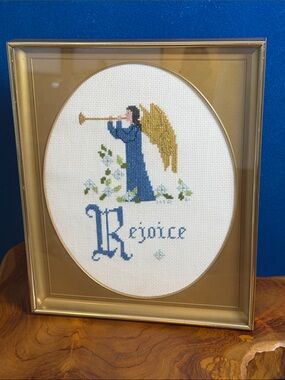 Vintage Framed Cross-Stitch Angel “Rejoice” Needlepoint Wall Decor Size 11” x 9”